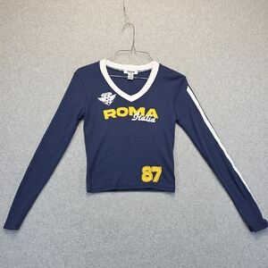 RSQ Roma Italia Long Sleeve Crop Top Navy Blue V-Neck Small